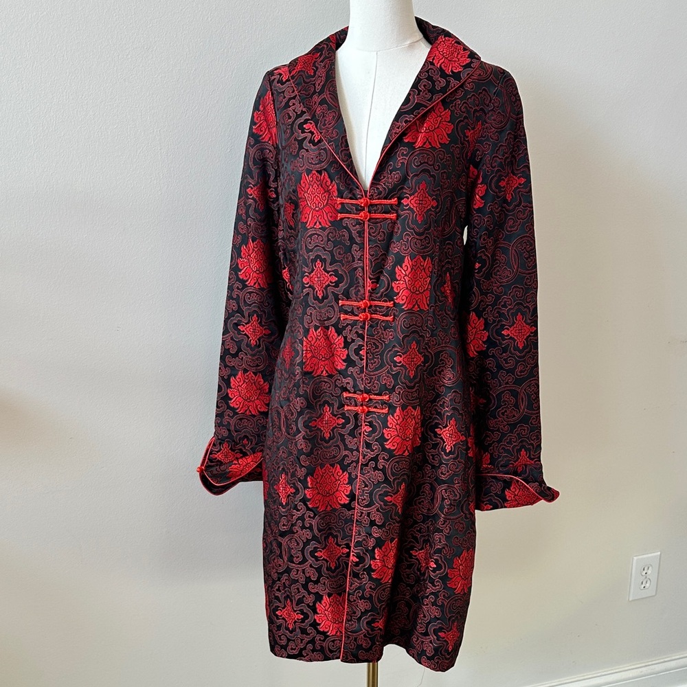 Vintage Womens Chinese Floral Embroidered Brocade  Red Black Duster Coat S Asian